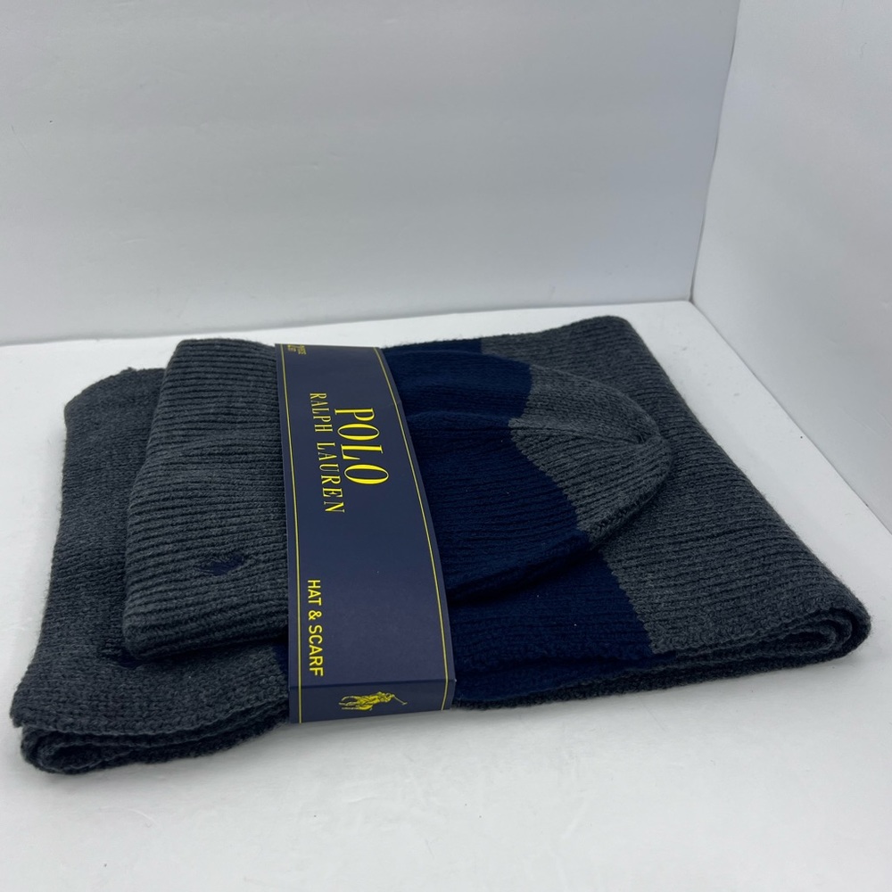 POLO RALPH LAUREN GREY AND NAVY BLUE BEANIE WITH MATCHING SCARF, UNISEX - Picture 5 of 14